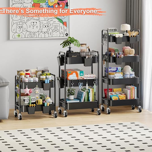 2 Tier Small Rolling Metal Cart with Wheels, Black Under Desk Storage Cart on Wheels, Short Utility Roller Carts Organizer for Pantry, Bathroom,Kitchen,Office, Two Tiered Mobile Storage Shelf Trolley