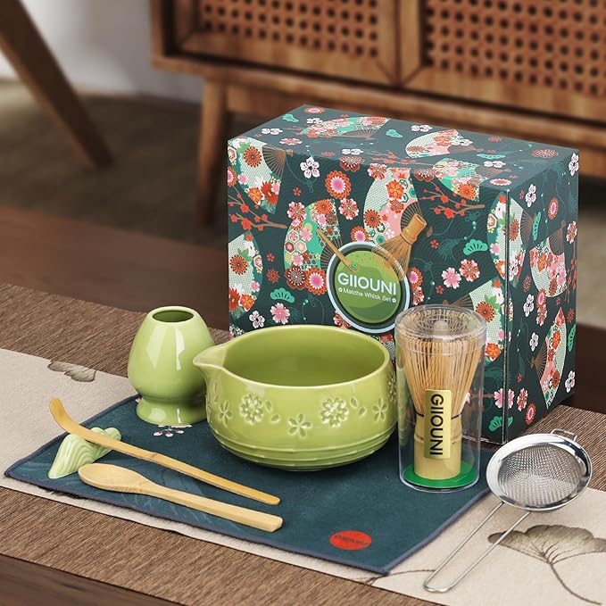 Matcha Whisk Set, Ceramic Bowl with Spout, Bamboo Matcha Whisk & Spoon, Chasen Holder, Scoop Rest, Sifter, 8-Pcs Japanese Ceremony Matcha Powder Kit–Valentine's Day Gift for Women-Matcha Green