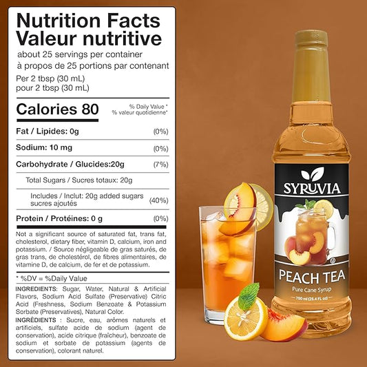 Syruvia Peach Tea Flavored Syrup for Drinks, Cocktails, Lemonades, Iced Teas and Desserts – 25.4 fl oz, With Pump