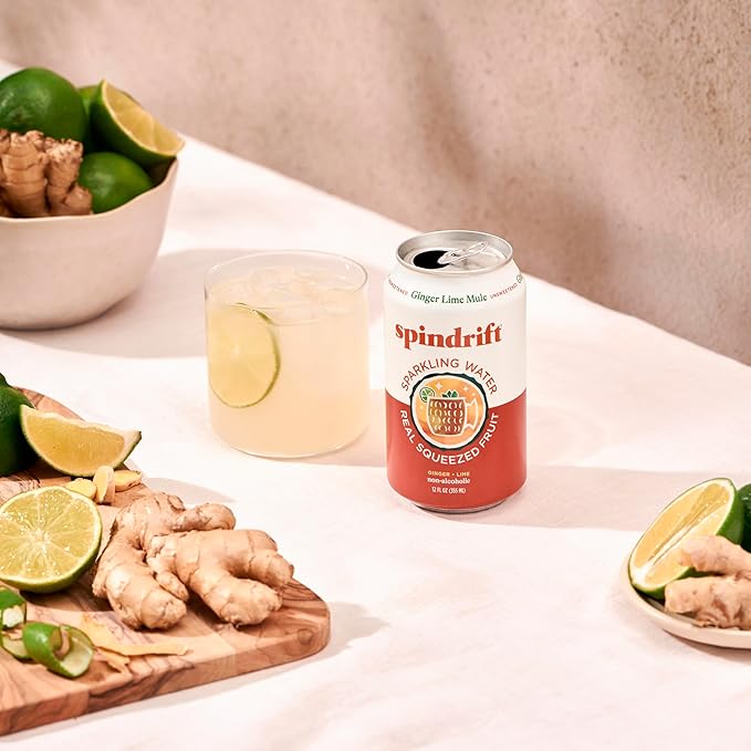 Spindrift Sparkling Water, Ginger Lime Mule Flavored, Made with Real Squeezed Fruit, 12 Fl Oz Cans, Pack of 24 (Only 11 Calories per Can)
