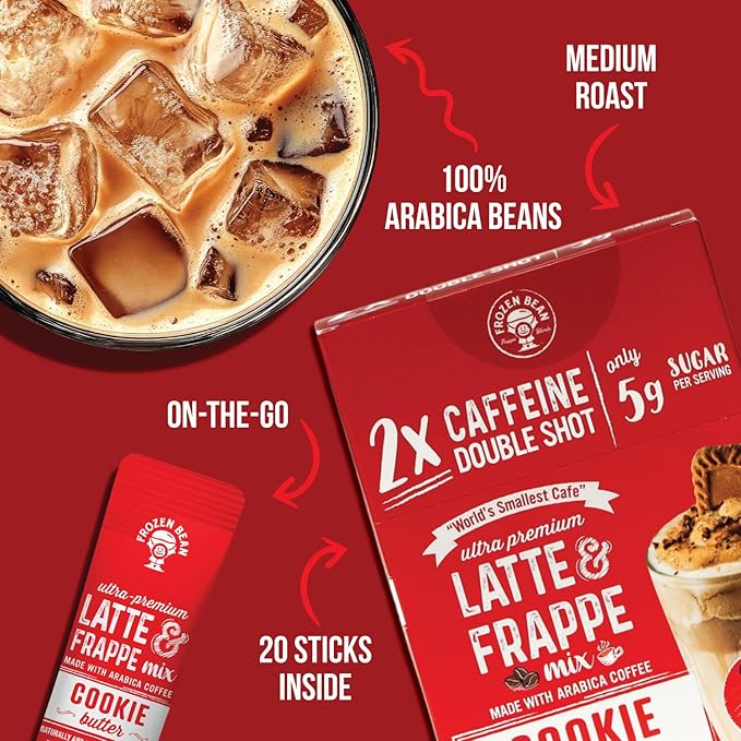 The Frozen Bean Cookie Butter Frappe & Latte Instant Mix (20 Sticks), Made with Arabica Coffee, Double Shot Caffeine, Low Sugar & Premium Ingredients, Hot, Iced, or Blended Drinks