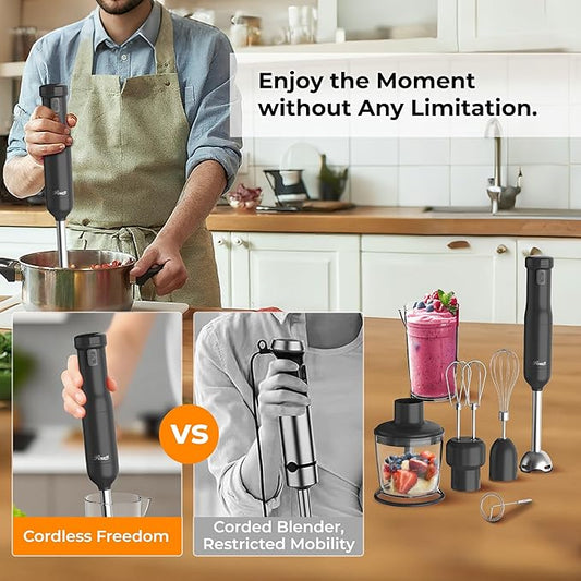 Rosewill 6-in-1 Multi-Speed Cordless Rechargeable Immersion Hand Blender, Heavy Duty Motor - Stick Blender, Beaker, Whisk, Chopper, Dual Beater, Milk Frother - For Smoothies, Baby Food, Soup - Black