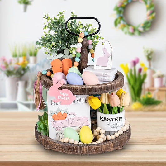Mustry Rustic Wooden 2 Tiered Tray, Round Farmhouse Kitchen Table Decor Serving Tier Tray, Food Fruits Cupcake Display Coffee Bar Home Party Seasonal Decorations (Brown)