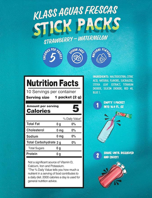 Klass Aguas Frescas, Powdered Drink Mix, 40 Singles Zero Sugar & Caffeine-Free Powder Packets, Water Drink Mix, Flavor: Strawberry Watermelon - 5 Calories Per Packet & Natural Flavors