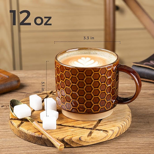 GBhome 12 OZ Stackable Coffee Mugs Set of 6, Ceramic Coffee Cups with Texture Patterns for Man,Woman,Dad,Mom, Modern Coffee Cups for Latte/Cappuccino/Cocoa. Dishwasher&Microwave Safe,Caramel