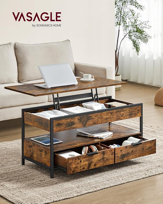 VASAGLE Lift Top Coffee Table with Storage Drawers, Coffee Table for Living Room with Lifting Top, Hidden Compartments and Open Shelf, Rustic Brown and Ink Black ULCT209K01