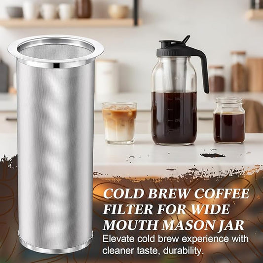Acellegic Cold Brew Coffee Filter with Brush for 128 Oz/4 Quart Wide Mouth Mason Jar Infuser 304 Stainless Steel Strainer Food Grade Filter with Sealing Ring for Iced Drink Fruit Tea Coffee Maker