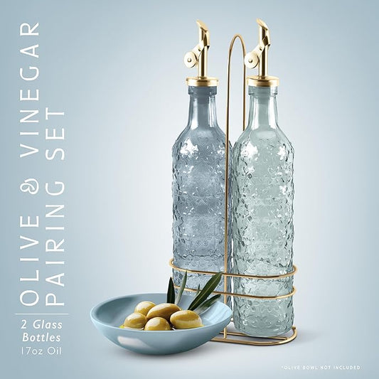 COOK WITH COLOR Glass Olive Oil Bottle Dispenser - 2 Pack- 17oz Oil and Vinegar Cruet - Olive Oil Carafe Decanter for Kitchen, Floral, Blue