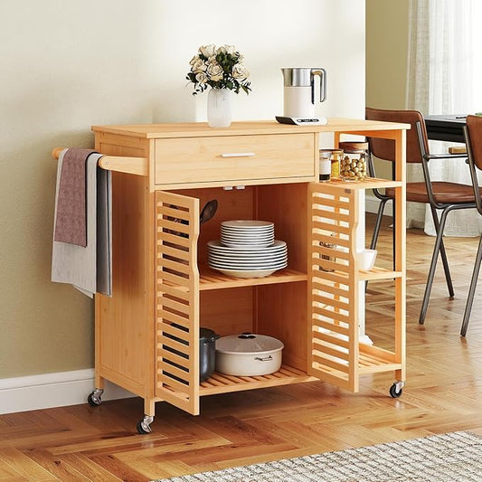 Giantex Bamboo Kitchen Island Cart, Mobile Serving Cart with Drawer, 2-Door Storage Cabinet, 3-Tier Shelves & Towel Rack, Rolling Utility Trolley for Dining Room (Natural)