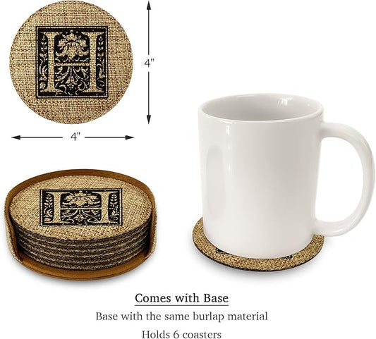 Smile Art Design Family Monogram Custom Coaster Set of 6 with Base Holder Round Burlap Material Family Name Personalized Prints Personalized Gifts House Warming Wedding Gift Rustic Decor Style7