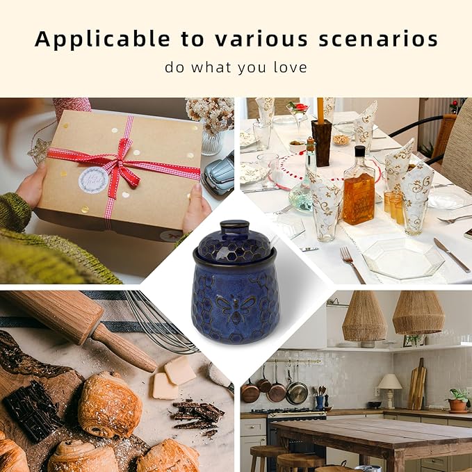 GDCZ Ceramic Sugar Bowl with Lid and Spoon, Honey Containers for Storing Syrup, Farmhouse Kitchen Decor, 10 Oz (Blue)