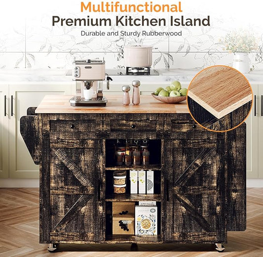 VINGLI Kitchen Island with Storage, 52" Rolling Kitchen Cart with 3 Drawers & Shelves, Drop Leaf Design, Mobile Island with Barn Doors, Towel & Spice Rack for Kitchen & Dining, Black & Gold