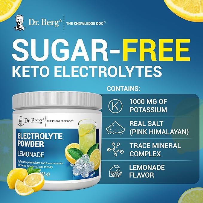 Dr. Berg Zero Sugar Hydration Keto Electrolyte Powder - Enhanced w/ 1000 mg of Potassium & Real Pink Himalayan Salt (NOT Table Salt) - Lemonade Flavor Hydration Drink Mix Supplement - 50 Servings
