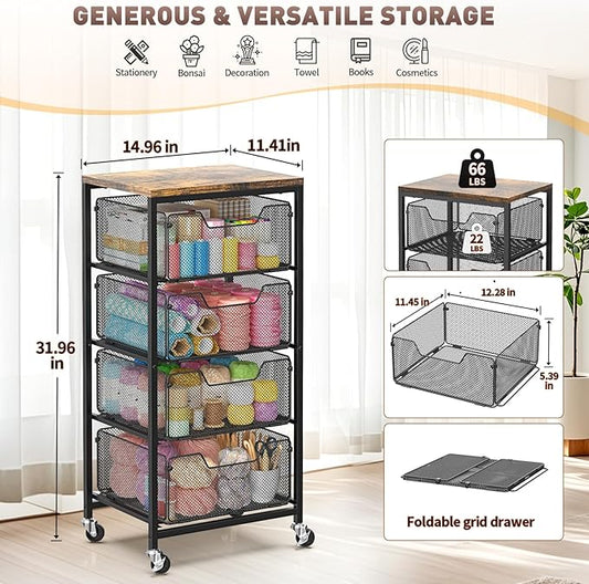 Rolling Cart with Drawers, 4-Tier Utility Cart Storage Organizer with Lockable Wheels, Metal Craft Storage Cart with Wooden Top for Kitchen, Bathroom, School, Studio, Office, Bedroom, Black