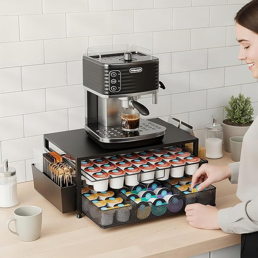 K Cup Holder Organizer, 2-Tier Coffee Pod Holder for 63 Large/80 Small Capsules with Storage Drawer & 2 Accessory Holders, Kcup Organizer for Countertop Coffee Station in Kitchen, Office, Coffee Bar