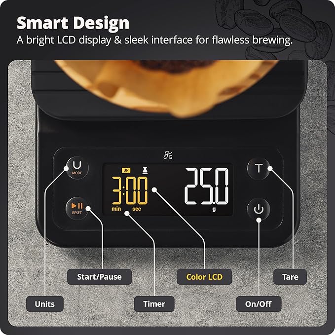 Greater Goods Coffee Scale with Timer ā 0.1g Precision Digital Coffee & Espresso Scale for Pour-Over, Coffee Bean Weighing, Barista Brewing, Waterproof Cover, 3kg Capacity (Onyx Black)
