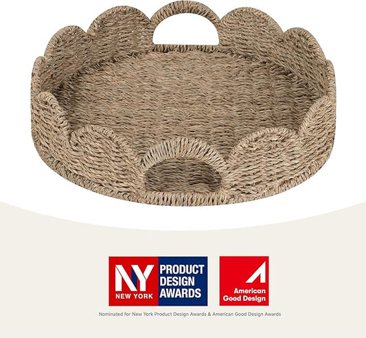 StorageWorks Round Wicker Scalloped Tray, Rattan Serving Trays with Handles, Seagrass Basket for Decorative & Organizing, 13" L x 13" W x 2.75" H