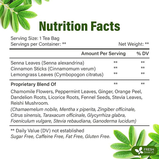 FreshDrinkUS, Evening Time Herbal Tea – 30 Tea Bags – Caffeine-Free Blend with Senna, Peppermint, Chamomile, Licorice, Ginger, Reishi Mushroom – Relaxing Herbal Infusion – Non-GMO & Natural