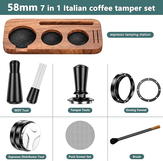7 Pack Espresso Accessories Kit,58mm Espresso Tool Kit | Espresso Tamping Station | Coffee Distributor Tamper | WDT Tool | Dosing Funnel | Expresso Puck Screen | Christmas Gift for Espresso Lovers