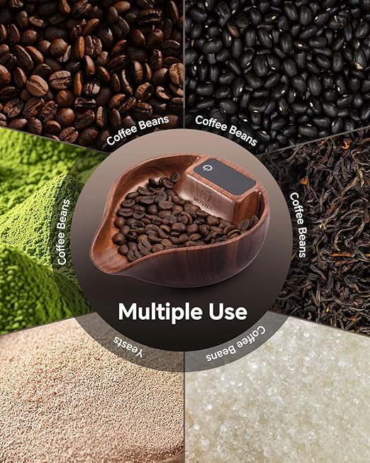 MUVNA Digital Dosing Cup with LED Display - Mini Rechargeable Wood Coffee Bean Scale Cup and Spray Bottle Kit, Kitchen Weighing Accessory for Espresso, Tea, Coffee Lover Gifts, Walnut