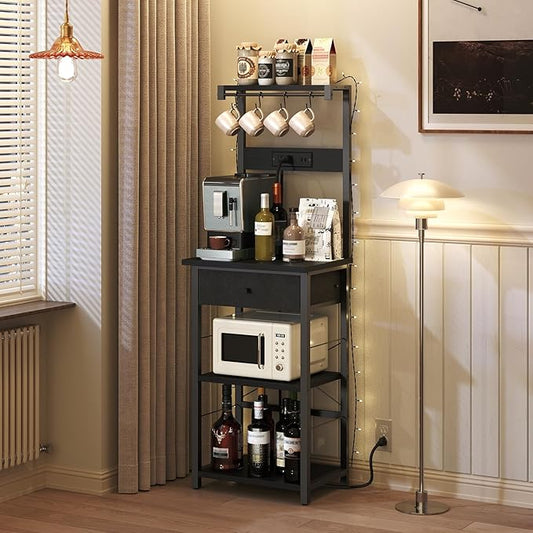 Bakers Rack with Drawer, Microwave Stand with Power Outlet, Coffee Bar Station with 4 Hooks, Kitchen Storage Shelf Rack 4 Tiers, for Kitchen, Dining Room, Black BRBK48E01