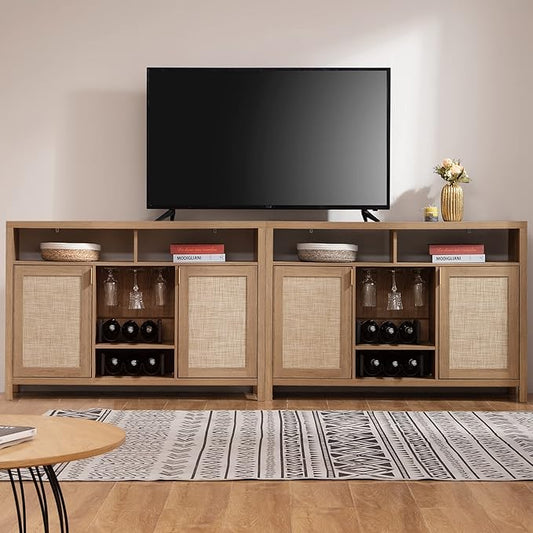 SICOTAS Rattan Coffee Bar Cabinet, 102" Farmhouse Sideboard Buffet Cabinet with Storage, Boho Liquor Wine Cabinet Set of 2 Credenza Console Buffet Table for Home Living Dining Room Entryway, Natural