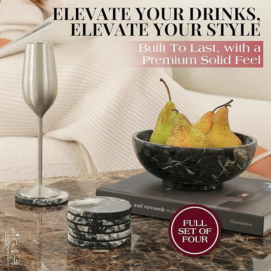 Gusto Nostro Black Marble Coasters Set of 4 - Luxury Natural Stone Coasters for Drinks - Genuine Marble Kitchen Accessories, Round Artisanal Stone Coaster for Kitchen Counter, Coffee Table, Home Decor