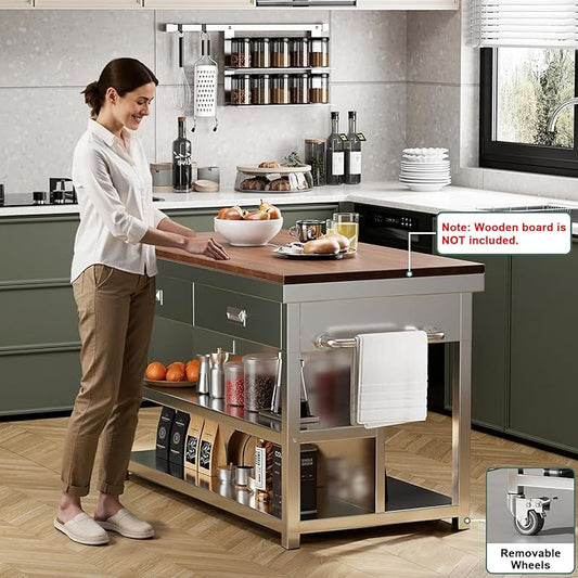 Stainless Steel Kitchen Island with Storage, Rolling Kitchen Island Cart on Wheels with 2 Drawers, Industrial Kitchen Cart, Commercial Portable Island for Kitchen, Bar, Outdoor Patio, 25 x 50 x 37 in