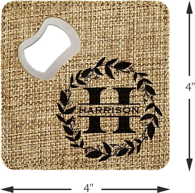 Smile Art Design Family Monogram Personalized Coaster Bottle Opener Burlap Material Family Name Personalized Print Personalized Gifts House Warming Wedding Gift Rustic Kitchen Decor Style3