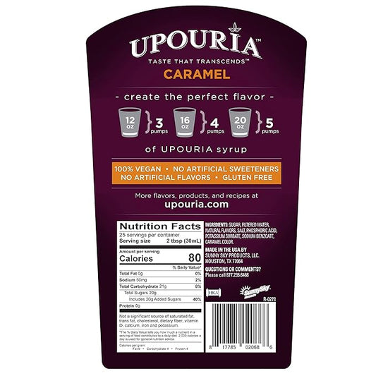 Upouria Caramel Coffee Syrup Flavoring, 100% Vegan, Gluten-Free, Kosher, 750ml bottle (Pack of 2) with Coffee Syrup Pump