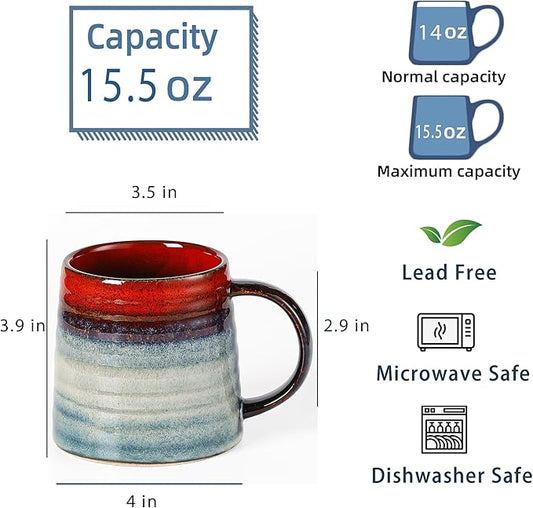 Large Ceramic Coffee Mug, Handmade Pottery Mugs, Tea Cups with Big Handle for Office and Home, 15.5 oz, Dishwasher and Microwave Safe (Ink Red)