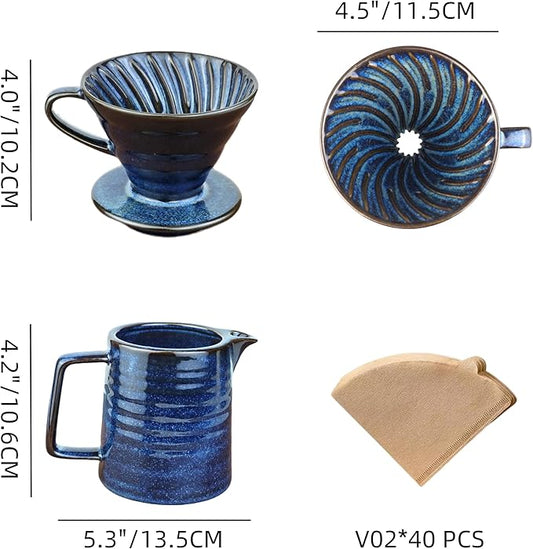 Pour Over Coffee Maker,Ceramic Coffee Maker With 40 pcs Paper Filter,15oz/450ml Pour Over Coffee Dripper (Starry Blue, V02)