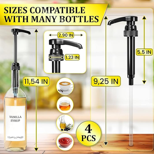 4 Pcs Coffee Syrup Pump Dispenser Set - Syrup Pumps for Coffee Bar 750ml Bottles with Food-Grade Plastic Adjustable Tube, Lockable Mechanism - Accurate Dispensing, Easy Cleaning for Various Liquids