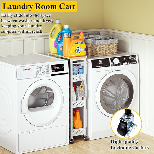Utility Slim Storage Cart, 4 Tier Small Rolling Kitchen Laundry Room Cart with Wood Top, Metal Narrow Bathroom Storage Cabinet Mobile Shelf Unit Organizer Trolley with Handle for Narrow Space