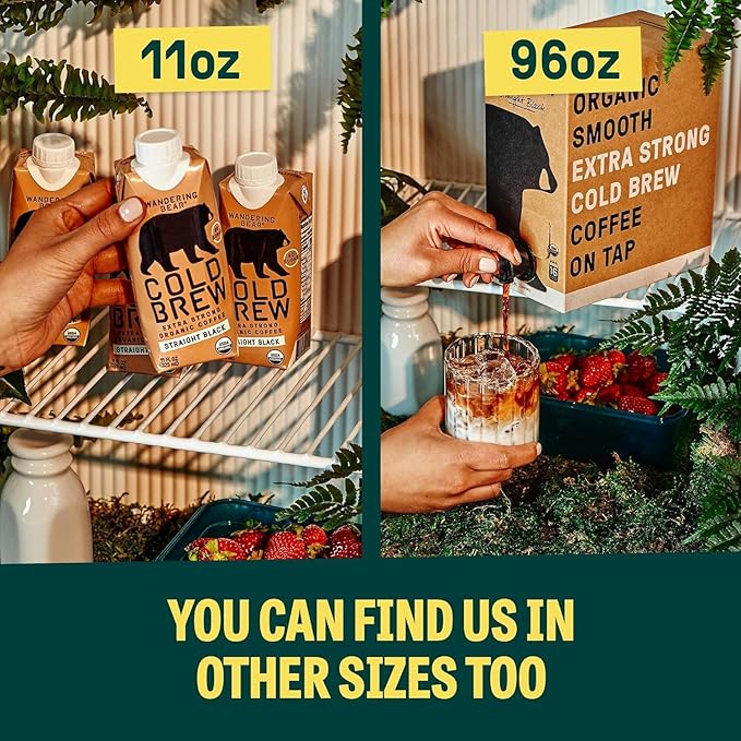 Wandering Bear Espresso Roast Organic Cold Brew Coffee - Extra Strong Bold, Smooth, No Sugar Added, Shelf-Stable, Ready to Drink, 100% Organic Iced Cold Brewed Coffee Drink - 32 fl oz, 6 pack