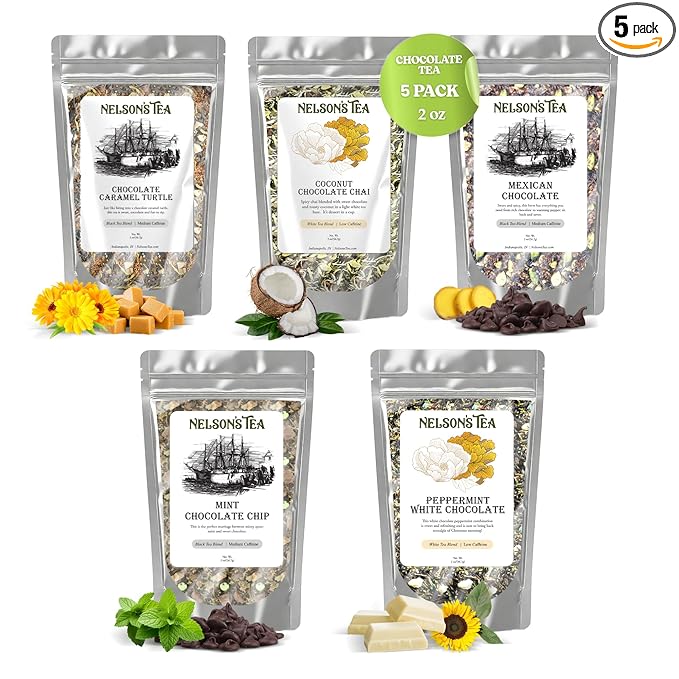 Nelson's Tea Chocolate Sampler Pack Tea - Loose Leaf Tea Sampler - Choc. Caramel Turtle, Coconut Choc Chai, Mexican Chocolate, Mint Chocolates Chip, Peppermint White-Chocolate - 2 Oz Sizes