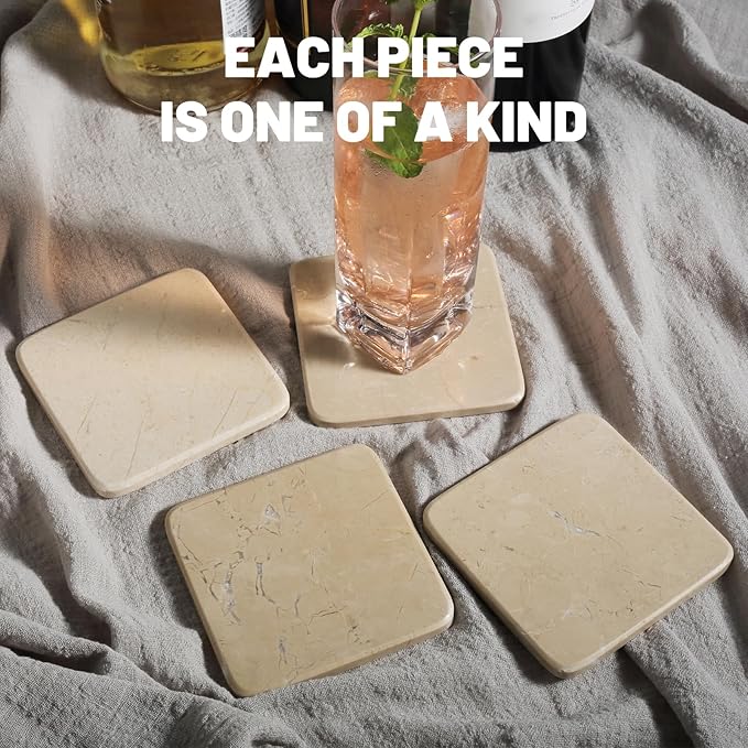 Koville Marble Coasters Set of 5, Square Coasters with Holder for Drinks, 4" Cup Coaster for Coffee Table Home Office Bar Decor, Heat Resistant Decorative Drink Coaster (Brown)