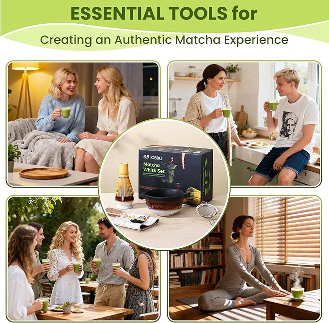 Matcha Whisk Set, Ceramic Matcha Kit Desert Style, Matcha Whisk and Bowl, Bamboo Scoop and Rest, Sifter and Tea Towel, 7 Pcs Gifts for Matcha Lover - Matte Black