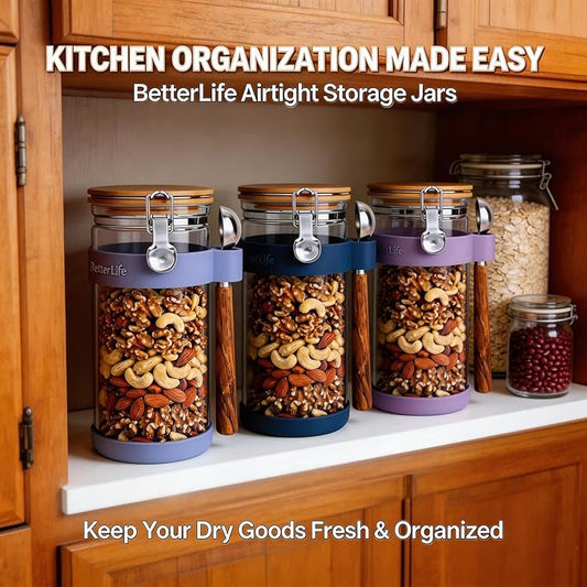 Airtight Glass Nuts Storage Jar with Spoon (50 oz / 1.5L) – Large Food Canister with Bamboo Sealed Lid for Nuts, Walnuts, Cashews, Almonds – Keeps Snacks Crunchy – Pantry Organization Container