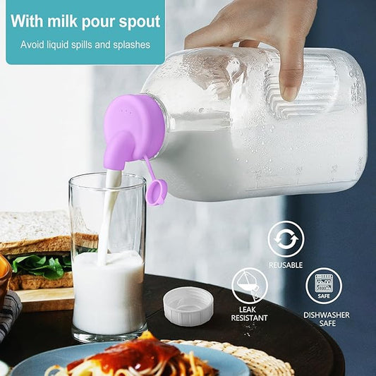 64 Oz Heavy Duty Glass Milk Bottle with Reusable Airtight Strong SCREW LID - 1/2 Gallon Water Bottles with Scale Lines - 2 Qt Glass Milk Jug Pitcher - Extra Gaskets & Handle!