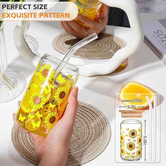 DWTS DANWEITESI Glass Cups with Lids and Straws with Design Sunflower 4 pcs,Clear Glass Cups 16 oz-Drinking Glasses Set,Glass Tumbler,Cute Design Glass Iced Coffee Cups with Lids and Straws