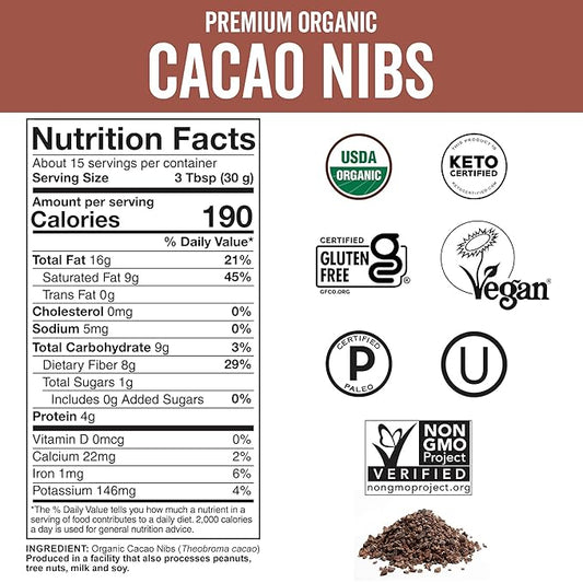 Viva Naturals Organic Cacao Nibs, Unsweetened, 1 LB (454 g), Keto Friendly, Vegan, Non-GMO, Gluten-Free Chocolate Chip Substitute