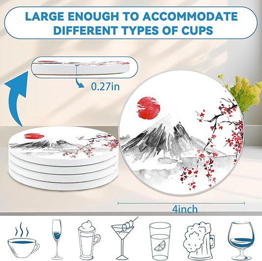 Drinks Coasters Set of 4, Japanese Sun Cherry Blossom Round 4" Cup Coasters, Absorbent Ceramic Stone Coasters with Cork Base, Cute Coasters for Table Home Décor, Ideal Gifts for Women Men