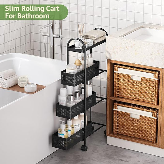 KINGRACK 4-Tier Slim Storage Cart with 3 Pull Out Basket, Rolling Bathroom Organizer Utility, Metal Shelving Unit Slide Out, Lockable Wheels, Easy Assembly for Narrow Place, Kitchen, Office, Black