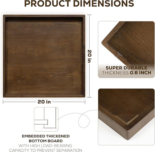 Axeman 20 Inch Large Square Wooden Ottoman Tray for Living Room|Extra Large Serving Tray with Handles for Coffee Table, Breakfast|Decorative Wood Tray for Ottoman Couch Sofa Kitchen|Walnut