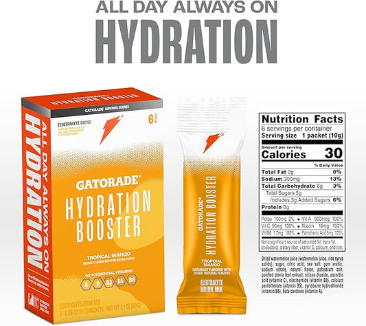 Gatorade Hydration Booster Electrolyte Drink Mix Powder Packets, Tropical Mango, Advanced Electrolyte Blend, No Added Colors, No Artificial Sweeteners, Essential Vitamins A, C, B3, B5, B6, Makes 20 Fl Oz, (6 Pack)