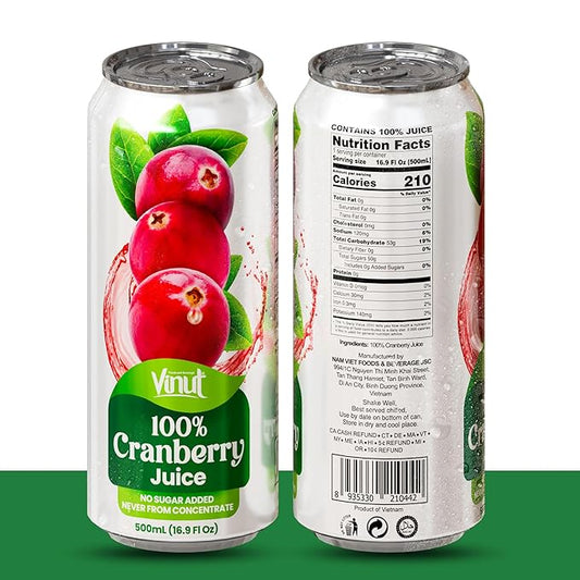 VINUT 100% Cranberry Juice – No Added Sugar, Not From Concentrate, 16.9 fl oz Cans (24 Pack)
