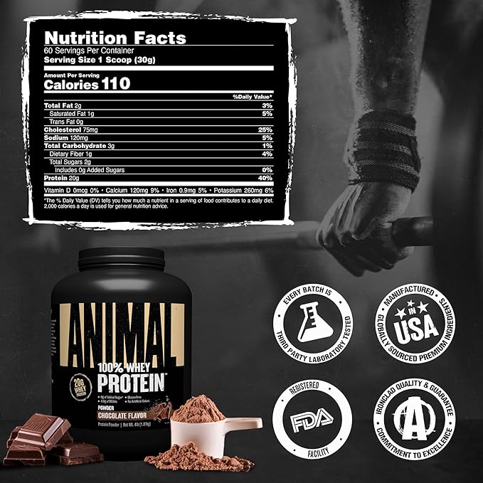 Animal 100% Whey Protein Powder – Whey Blend for Pre Workout or Post Workout, Recovery, or an Anytime Low Sugar Protein Boost Meal Replacement with BCAA Branched Chain Amino Acids – Chocolate, 4 lb
