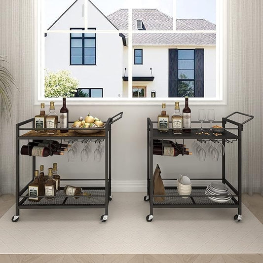 LAATOOREE Home Bar Serving Cart, Mobile Drink Beverage Cart with Two-Color Top Shelf, Rolling Kitchen Cart with Wine Holder and Glass Holder, for Dinning Room, Living Room, Kitchen
