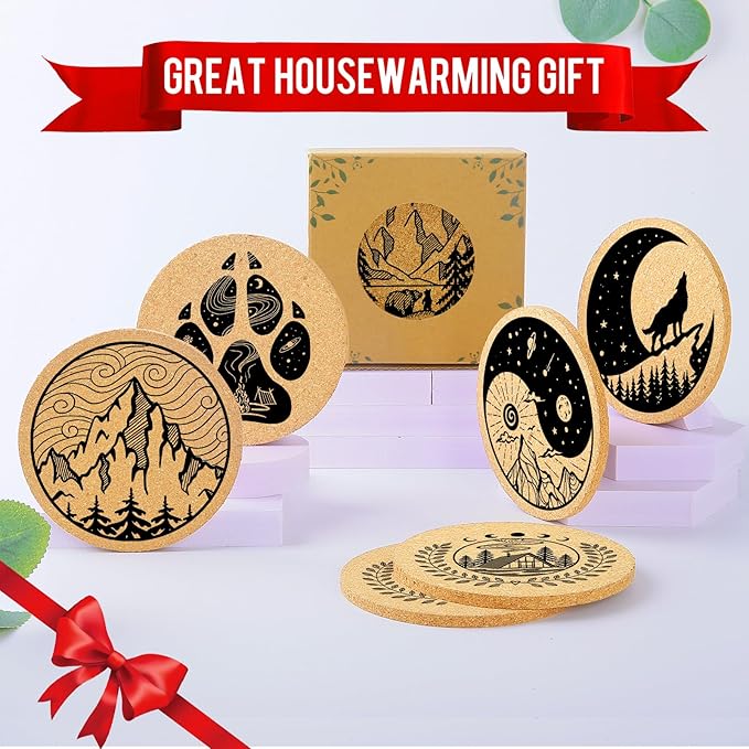 Coasters for Drinks with Holder Set of 6, Mountain Cork Coaster Absorbent Wood for Cup Desk Office Table Kitchen Decor House Warming Gifts for New Home Couples, Round 4"